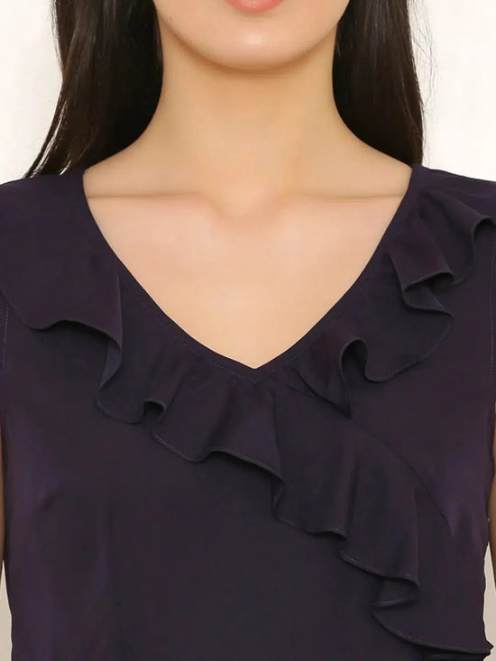 Overlap Dress with frill at neck and hem in Purple