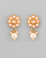 Gold Plated Pearl Studded Floral Necklace And Earrings-VOJ386