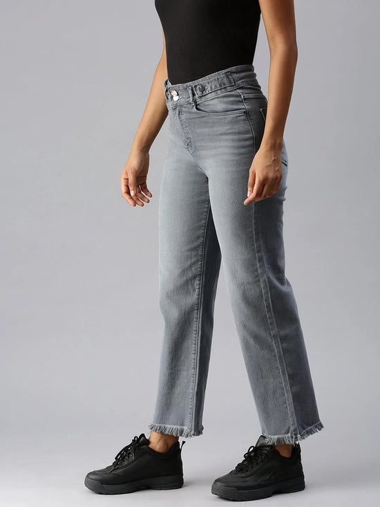 Women's Grey Solid Wide Leg Denim Jeans-IM-9825-Grey