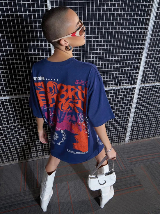 Women Navy FUTOKU Printed Oversized T-Shirt Dress