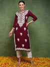 Ahika Women Burgundy Viscose Rayon Solid Embroidered Straight Kurta