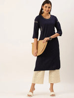 Women's Blue Solid Straight Kurta-DF-1203-Navyblue