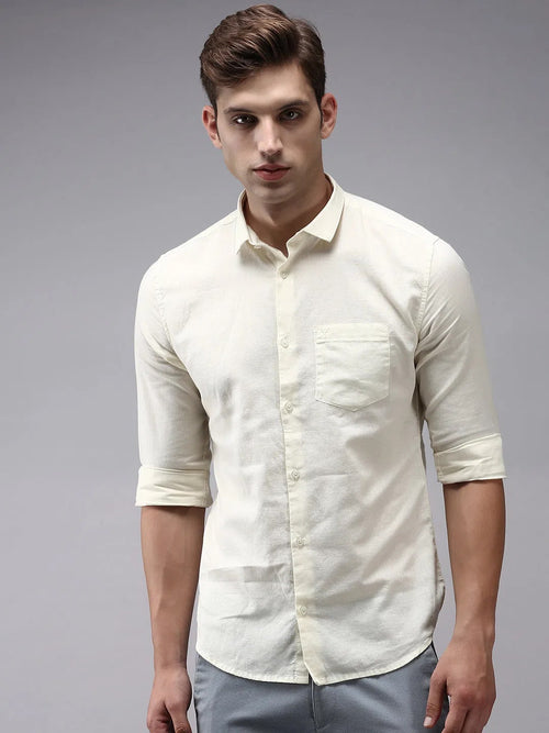 Men Beige Solid Casual Shirt-COLINLINEN-1334-Cream