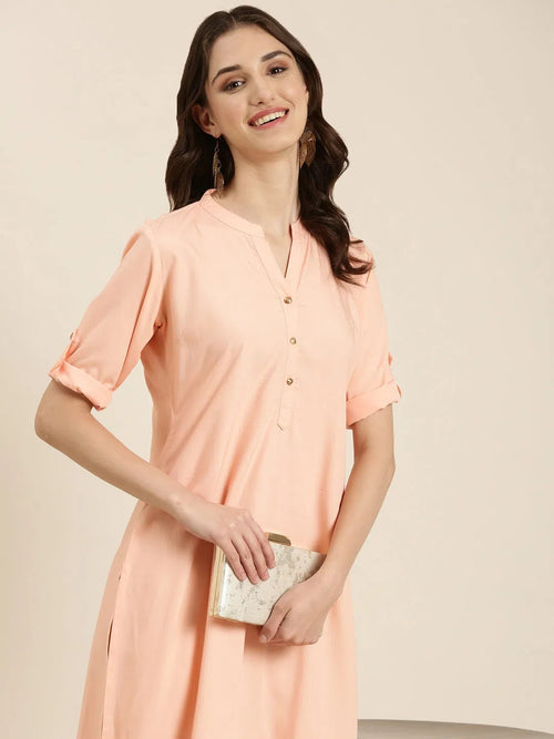 Women Peach Solid Straight Kurta-DF-1432-Peach