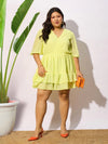 Women Yellow Dobby Frill Hem Skater Dress