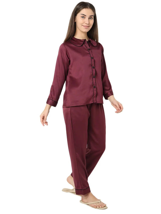 Smarty Pants Women's Silk Satin Wine Color Night Suit-SMNSP-925C-S