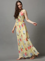 Women's Yellow Printed A-Line Dress-KG-586-Yellow