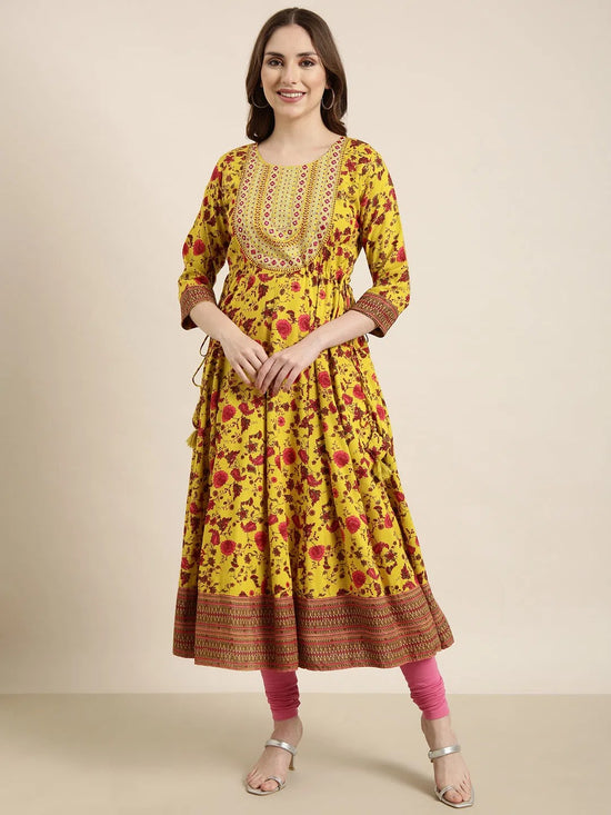 Women Anarkali Yellow Floral Kurta-AT-A1369-LG-Yellow