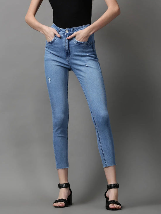 Women's Blue Solid Skinny Fit Denim Jeans-GZ-5189-Blue