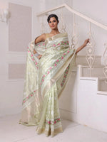 All Over Thread Embroidery Pistachio Green Tissue Saree With Zari Borders-MA64TIS461600009