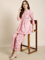 Women Pink Printed Tunic & Palazzos Set-ON-764-Pink