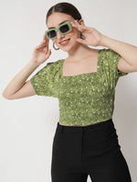 Green Floral Print Smocking Crop Top