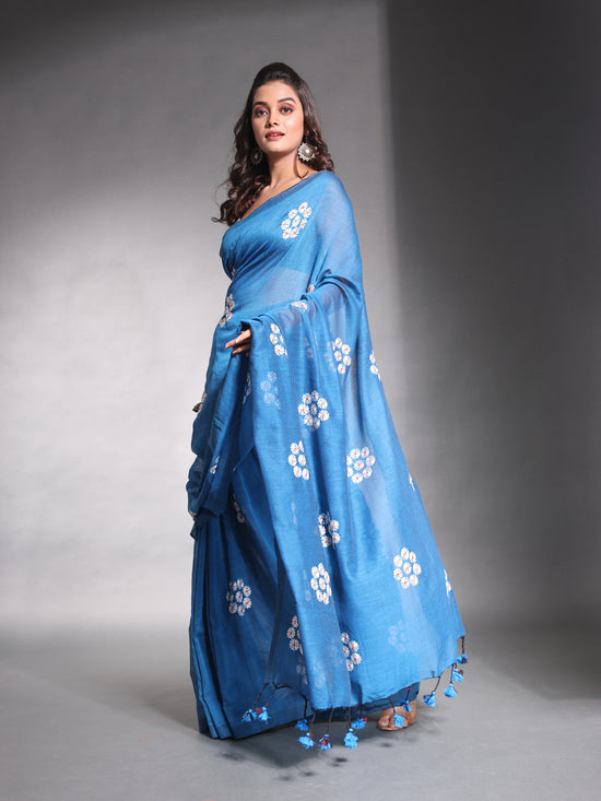 Teal Blue Pure Cotton Soft Saree With Floral Embroidery Work-MA54CT33580092