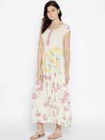 Double color floral printed maxi dress in off white