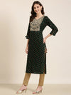 Women Green Printed Straight Kurta-AT-A1042-K-Green