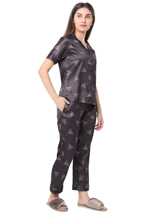 Smarty Pants Women's Silk Satin Black Color Triangle Print Night Suit