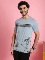 Venitian Men Printed Round Neck Grey Cotton Lycra T-Shirt