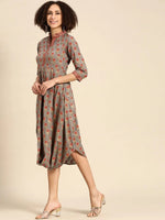 Front cowl mandarin collar Dress in Grey Print