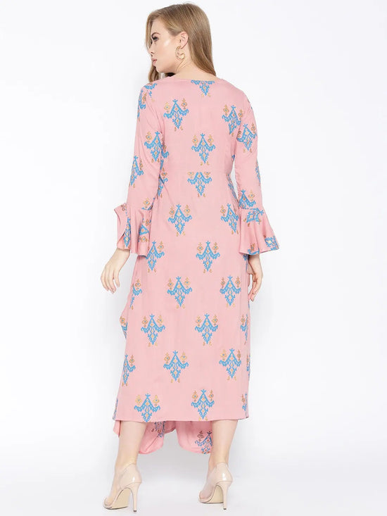 Bell Sleeve ikat print Long dress with front drape in Dusty Pink