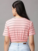 Women's Peach Striped Cinched Waist Crop Top-AE-10503-Peach