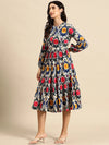 Midi Layered dress with balloon sleeve in Blue and Pink Ikkat Print