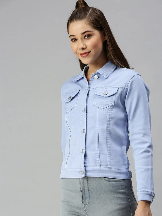 Women's Blue Solid Denim Jacket Jackets-LT-JKT19428B-Blue