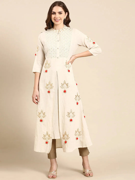 Women's Off White Embellished A-Line Kurta-GW-2759-Offwhite