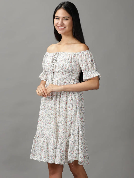 Women's White Floral Fit and Flare Dress-HQ-12-1-White