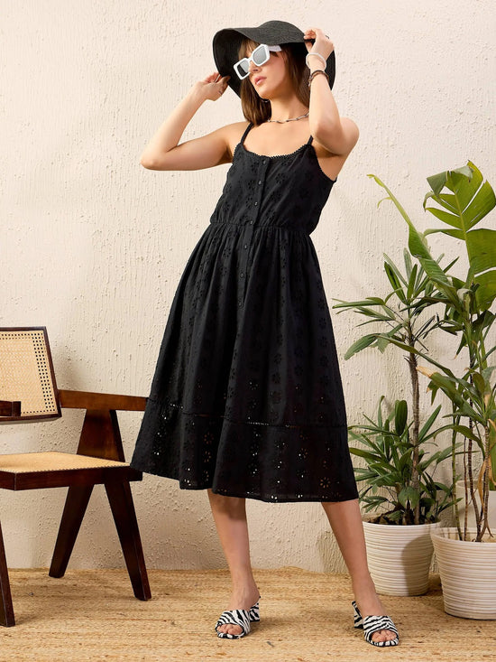 Women Black Schiffli Strappy Midi Dress