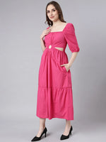 Women Pink Solid Fit and Flare Dress-ON-747-Pink