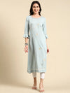 Women's Blue Embroidered A-Line Kurta-DW-9283-Blue