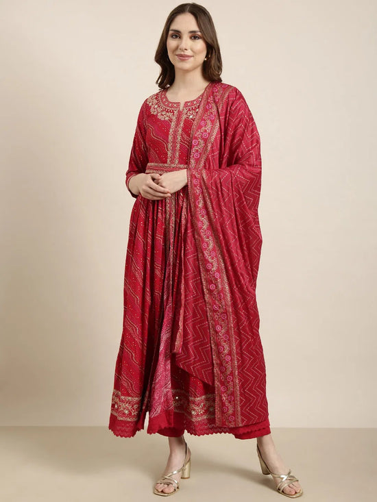 Women Anarkali Pink Geometric Kurta and Trousers Set Comes With Dupatta and Potli Bag and Waist Belt-GW-4352-Pink