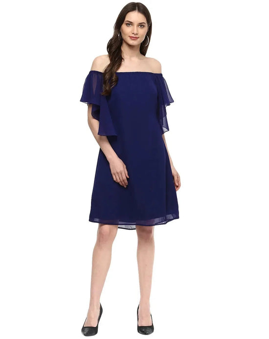 Off shoulder frill sleeve Dress in Midnight Blue