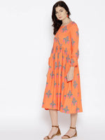 Midi dress with ikat print and balloon sleeve in Peach