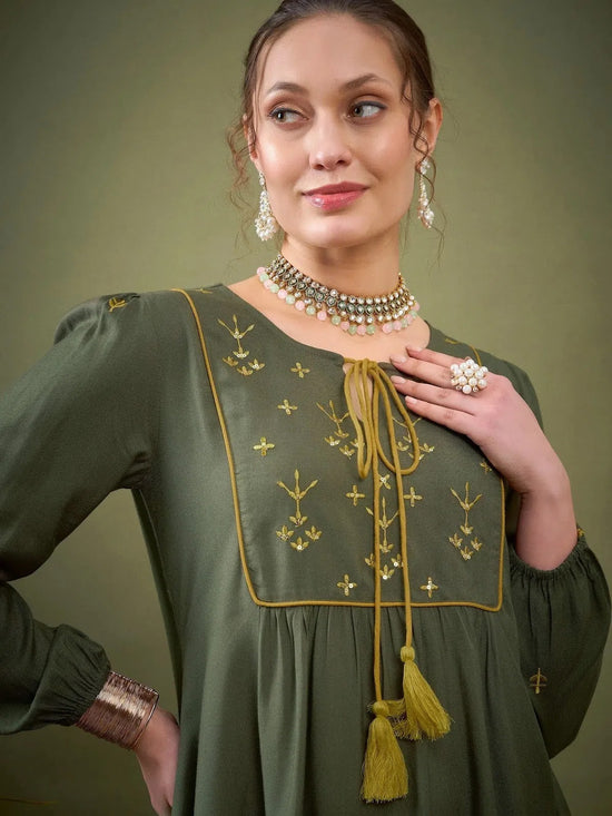 Women Olive Embroidered Peplum Top With Palazzos