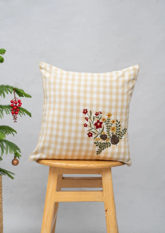 Conifers 100% cotton embroidered floral cushion cover for sofa - Cream-231254173