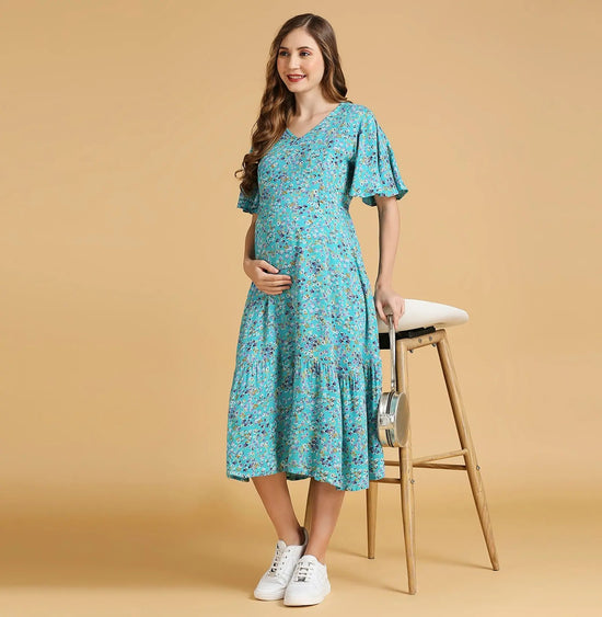 MomToBe Floral Print Maternity Fit Flare Dress-1218mtbgrnflrd-l