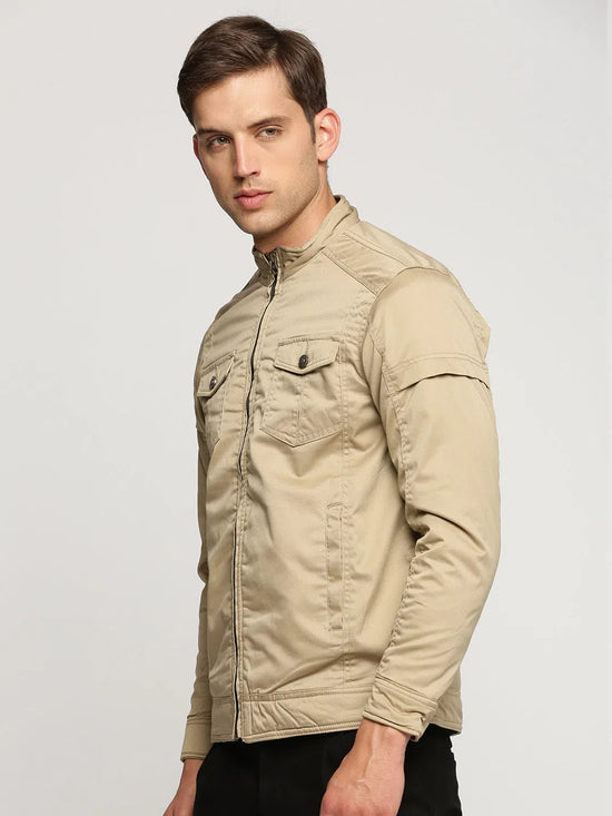 Men Beige Mock Collar Solid Tailored Jacket-SO-23-2-Beige