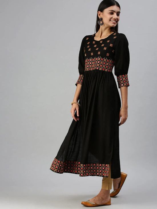 Women's Black Embroidered Anarkali Kurta-GW2048-Black