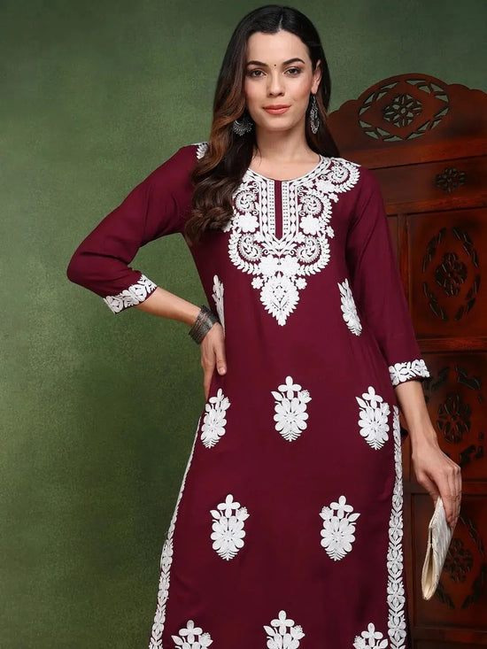 Ahika Women Burgundy Viscose Rayon Solid Embroidered Chikankari Straight Kurta