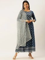 Women's Blue Printed Kurta Sets-FS-1133-Blue