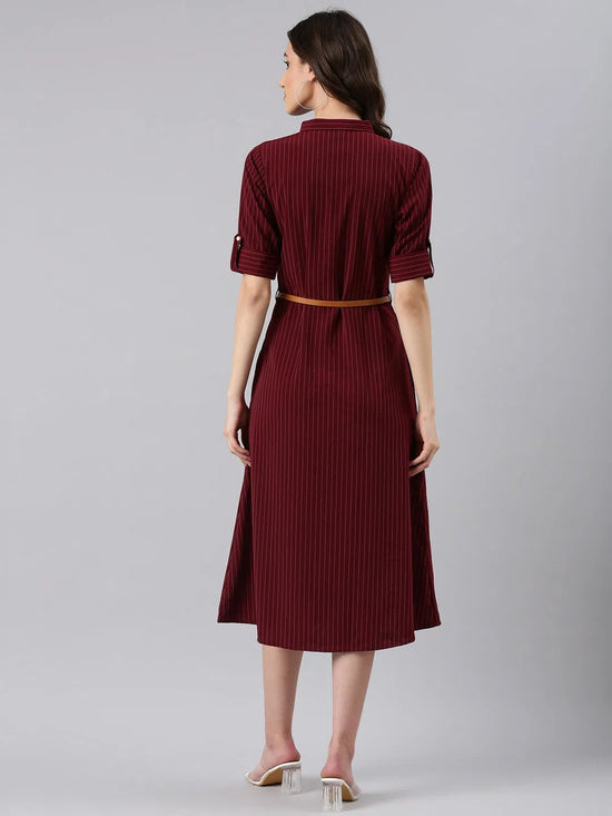 Women Maroon Striped Shirt Dress-DF-4788-Maroon