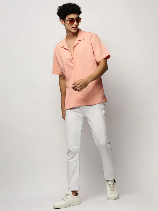 Men Peach Striped Shirt-H-WAI-M197-1605-Peach