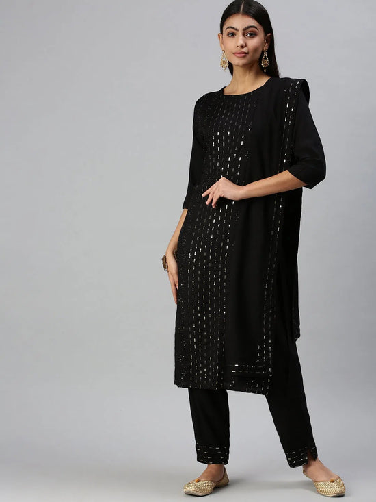 Women's Black Embroidered Kurta Sets-ON189-1-Black