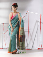 Ice Blue Patli-Pallu Cotton Saree With Stripes Zari Borders-MA55CT06520103