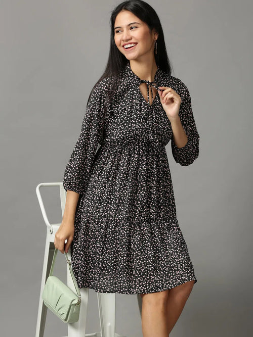 Women's Black Printed Fit and Flare Dress-AE-15713-Black