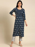 Women's Blue Embroidered Straight Kurta-AT-A-507-Teal