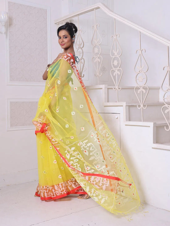 Yellow Muslin Saree With Jamdani Designs-MA64MS401190018