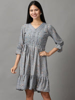 Women's Grey Floral Fit and Flare Dress-HQ-5-Grey