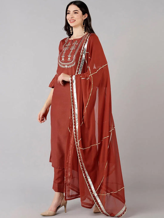 Ahika Women Rust Polyester Yoke Design Kurta Trousers With Dupatta 1